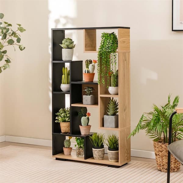 Costway Modern Geometric 48 in. Tall Black and Natural Engineered Wood 11-Shelf Accent Bookcase with Open Shelves