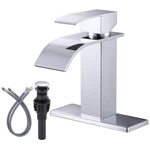 Waterfall Single-Handle Single Hole Bathroom Faucet with Deck Plate Included Pop Drain in Chrome