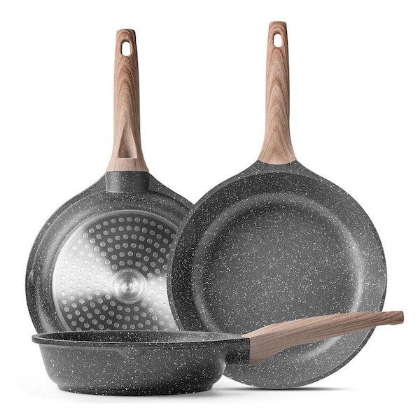 Aluminum Nonstick Granite Frying Pan Set Gray Finish Aluminum Induction Safe PFOA Free Clean Skillet 3-Pieces