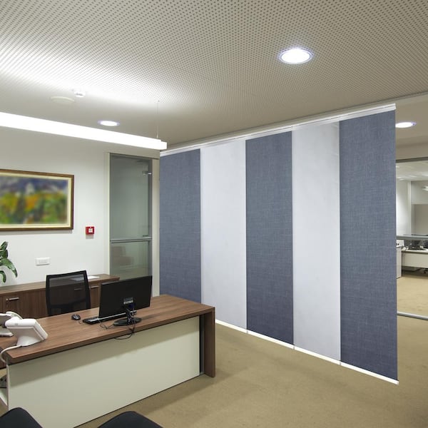 EMOH Denim Cream 58 in. - 110 in. W x 94 in. L Adjustable 5- Panel White Single Rail Panel Track with 23.5 in. Slates