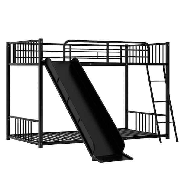 Urtr Black Metal Bunk Bed With Slide, Twin Bunk Bed Frame With Stairs 