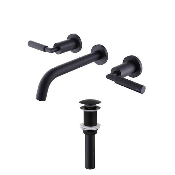 Double Handle Wall Mounted Bathroom Faucet with Pop-up Drain in Matte Black