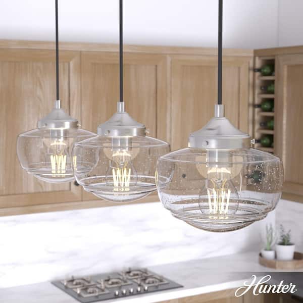 Hunter Saddle Creek 3-Light Brushed Nickel Schoolhouse Chandelier with Clear Seeded Glass Shades