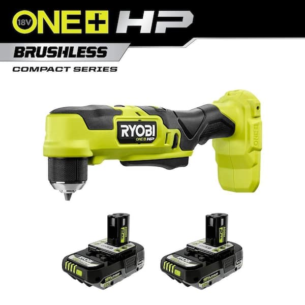 RYOBI ONE+ HP 18V Brushless Cordless Compact 3/8 in. Right Angle Drill with (2) 2.0 Ah HIGH PERFORMANCE Batteries