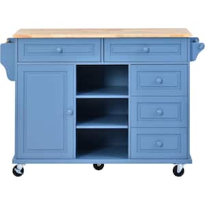 Kitchen Cart with Rubber Wood Desktop Rolling Mobile Kitchen Island with Storage and 5-Drawers in Blue