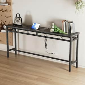 71 in. Narrow Sofa/Console Table with Charging Station and Power Outlet and USB Ports, Metal Frame, Black
