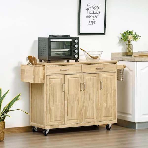 Natural Wood 50.75 in. Kitchen Island on Wheels, Rolling Kitchen Cart with Drawers, Adjustable Shelves and Knife Racks