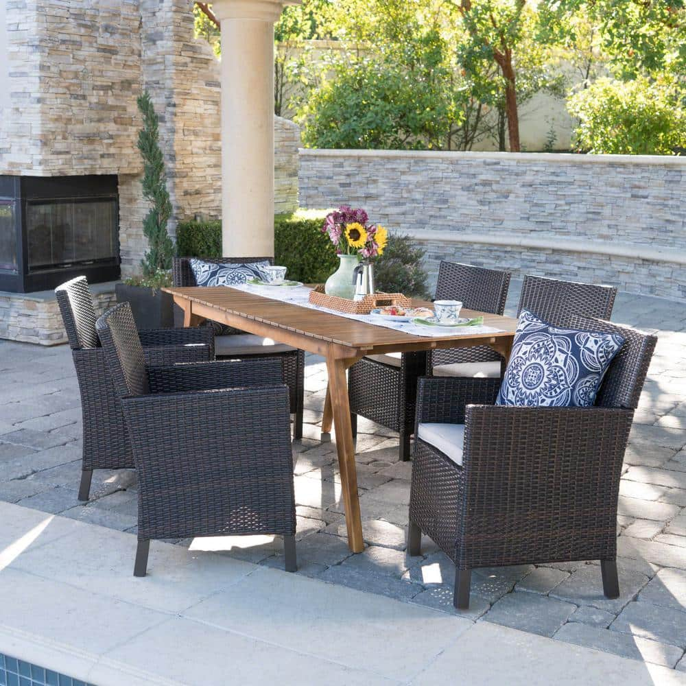 Noble House Otto 30 in. Multi-Brown 7-Piece Metal Rectangular Outdoor ...