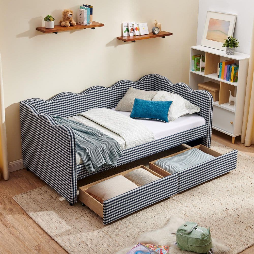 Wesley Navy Gingham Twin Size Upholstered Linen Daybed with Storage Drawers and USB Port price history on PriceWatchPro