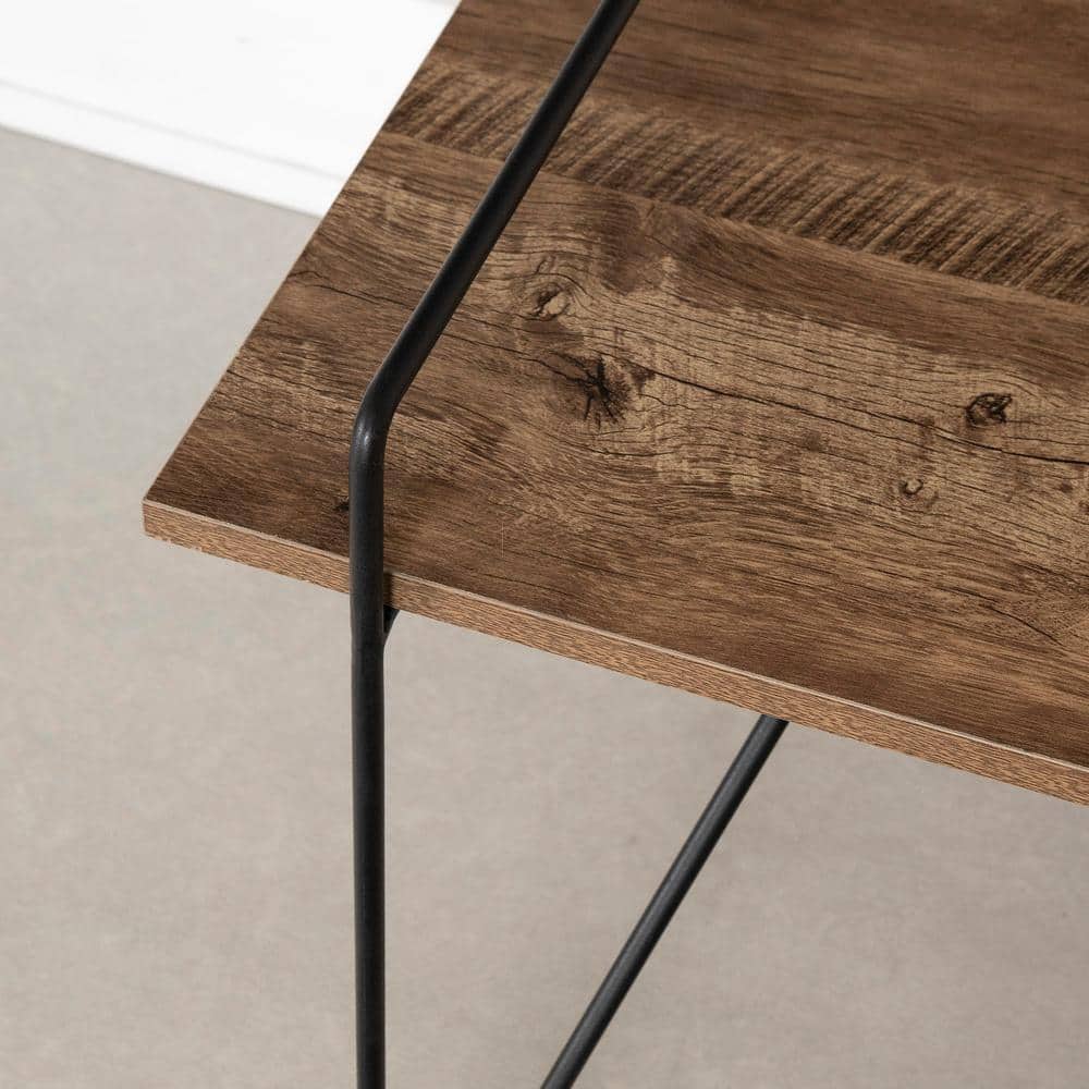Brown Oak and Black Metal Rectangular Coffee Table