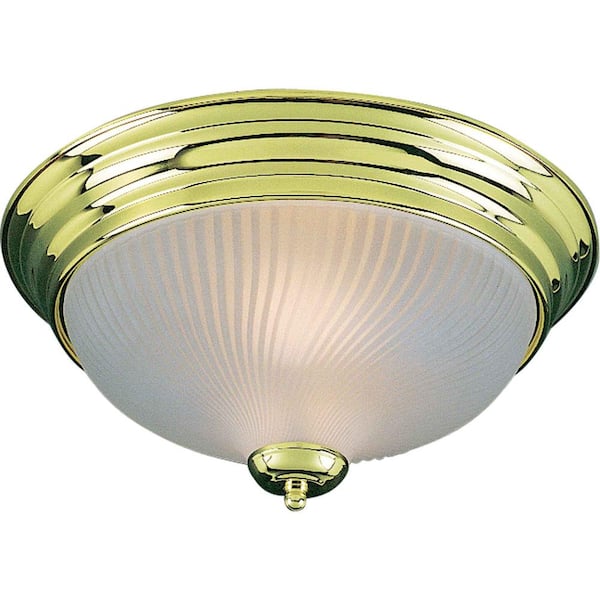 Volume Lighting 13 in. 2-Light Polished Brass Indoor Flush Mount with Frosted Ribbed Glass Bowl