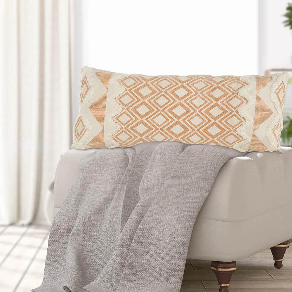 Burnt Orange and Cream Tufted Cotton Rectangle Throw Pillow