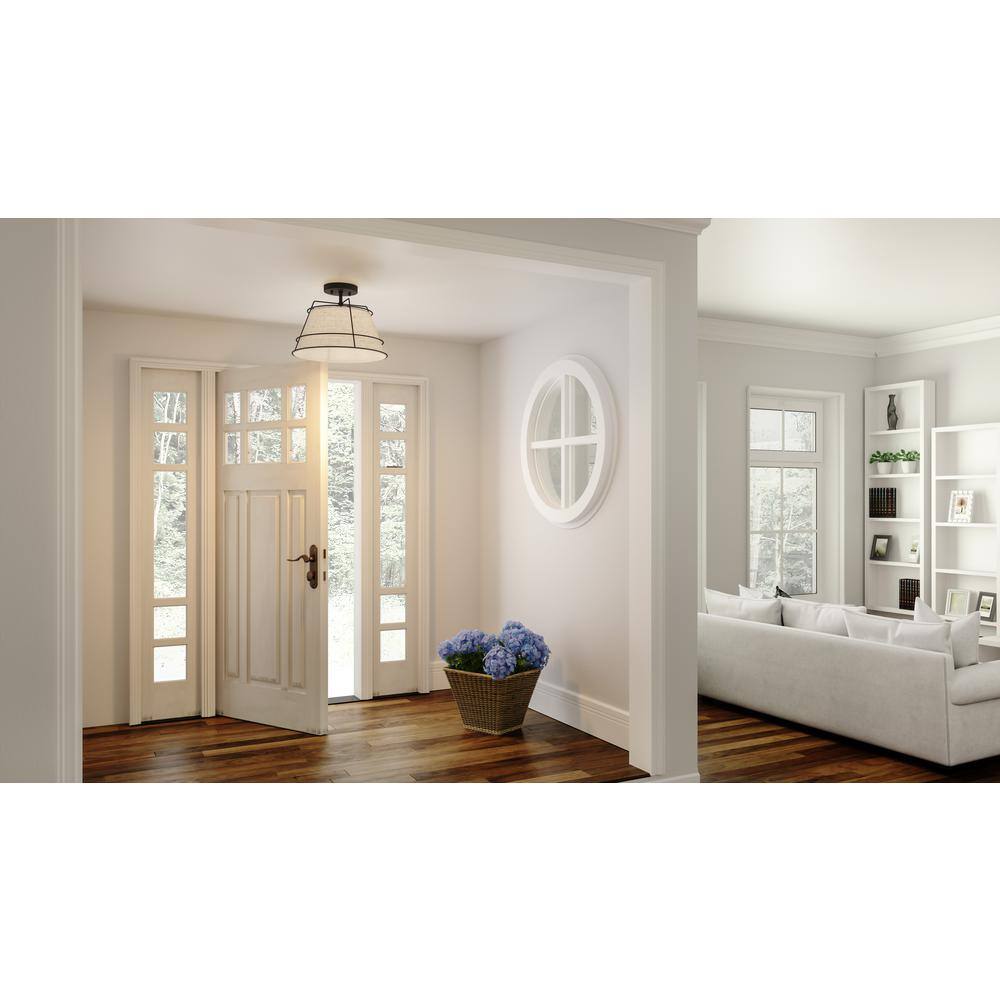 Matte Black and Linen Drum Semi-Flush Mount Light