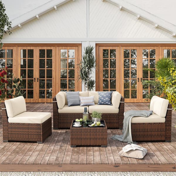 5-Piece Wicker Patio Conversation Sets with Beige Cushions and Patio Fire Pit