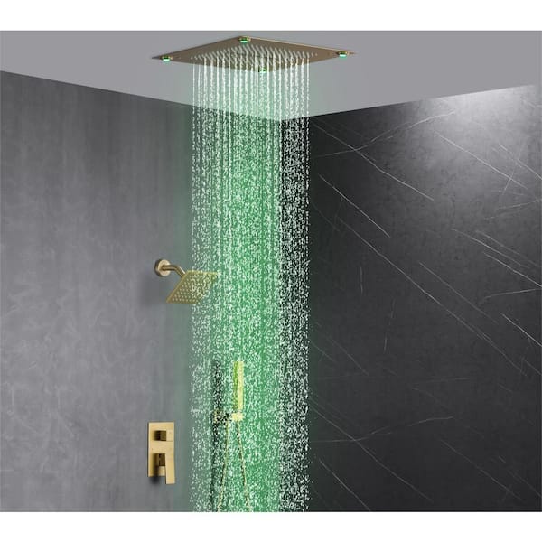 Luxury Single Handle 2-Spray Shower Faucet 1.8 GPM with 16 in. LED Rainfall and Pressure Balance Valve in Brushed Gold