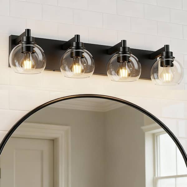 26 in. 4-Light Black Bathroom Vanity Light Fixture with Clear Globe Glass Shades, No Bulbs Included