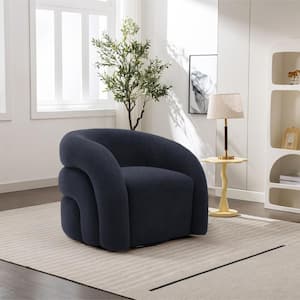 Dark Blue Boucle Polyester Fabric 360° Swivel Accent Barrel Armchair with Metal Base (Set of 1)