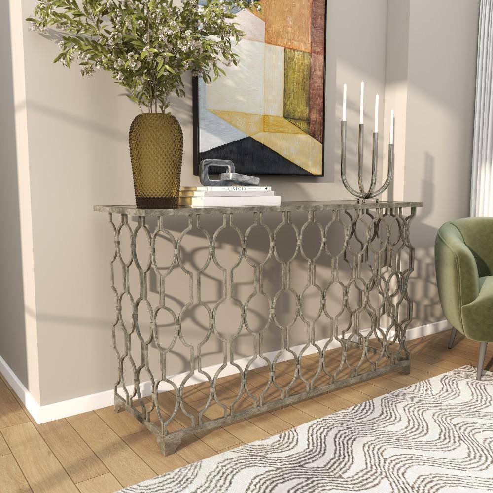 Silver Metal Console Table with Mirrored Glass Top and Trellis Pattern
