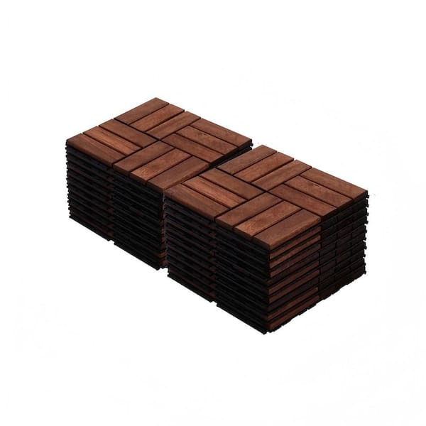 12 in. x 12 in. Acacia Wood Interlocking Deck Tiles, 12-Slat Pattern Outdoor Floor Tiles in Dark Brown (20-Pack)