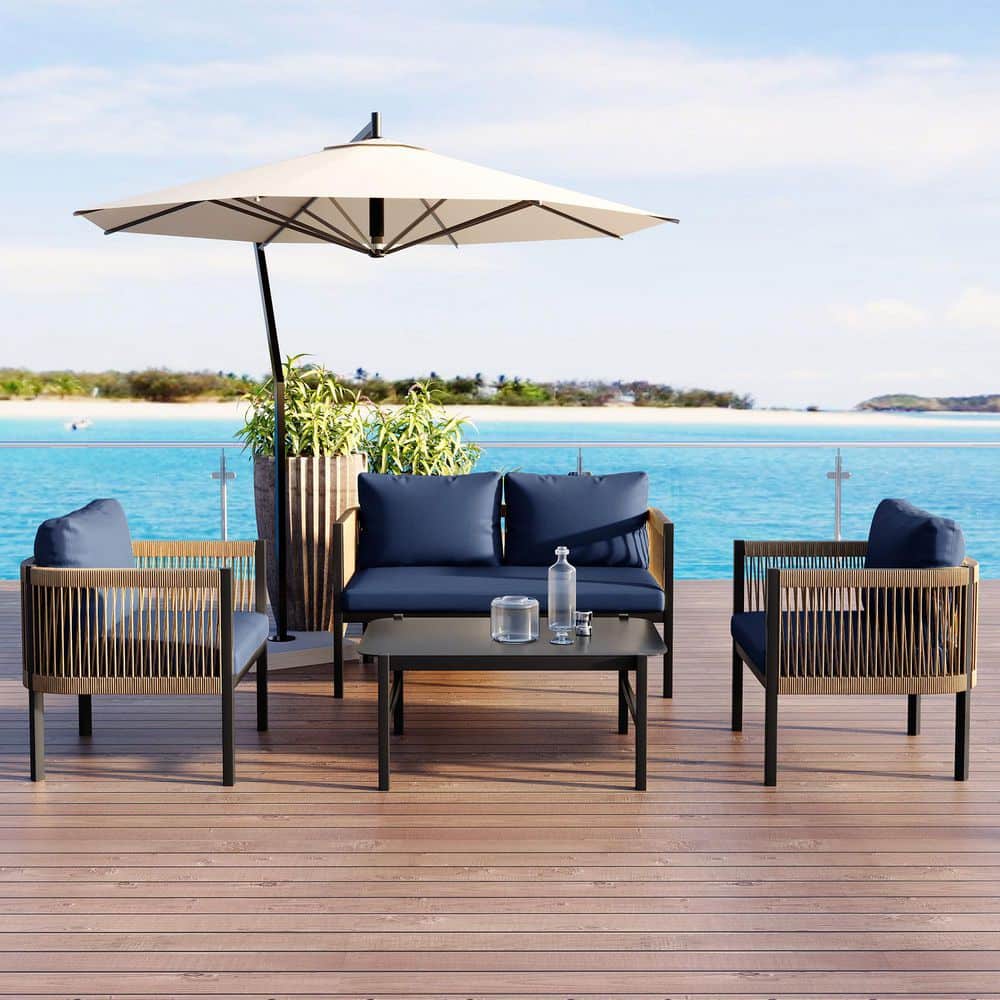 4-Piece Metal Patio Conversation Set with Dark Blue Cushions and Tempered G