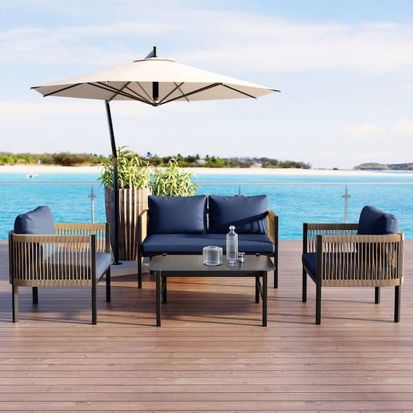 Unbranded 4-Piece Metal Patio Conversation Set with Dark Blue Cushions and Tempered Glass Table