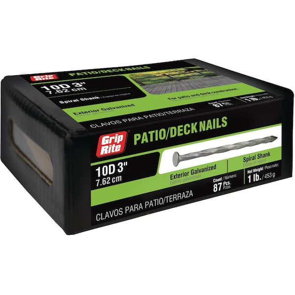 Grip-Rite 3 in. x 10-Gauge 10-penny Exterior Galvanized Spiral Shank Patio/Deck Nails 1 lb. Box