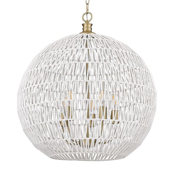 Golden Lighting Florence 5-Light Brushed Champagne Bronze and Bleached White Raphia Rope Linear Pendant Light
