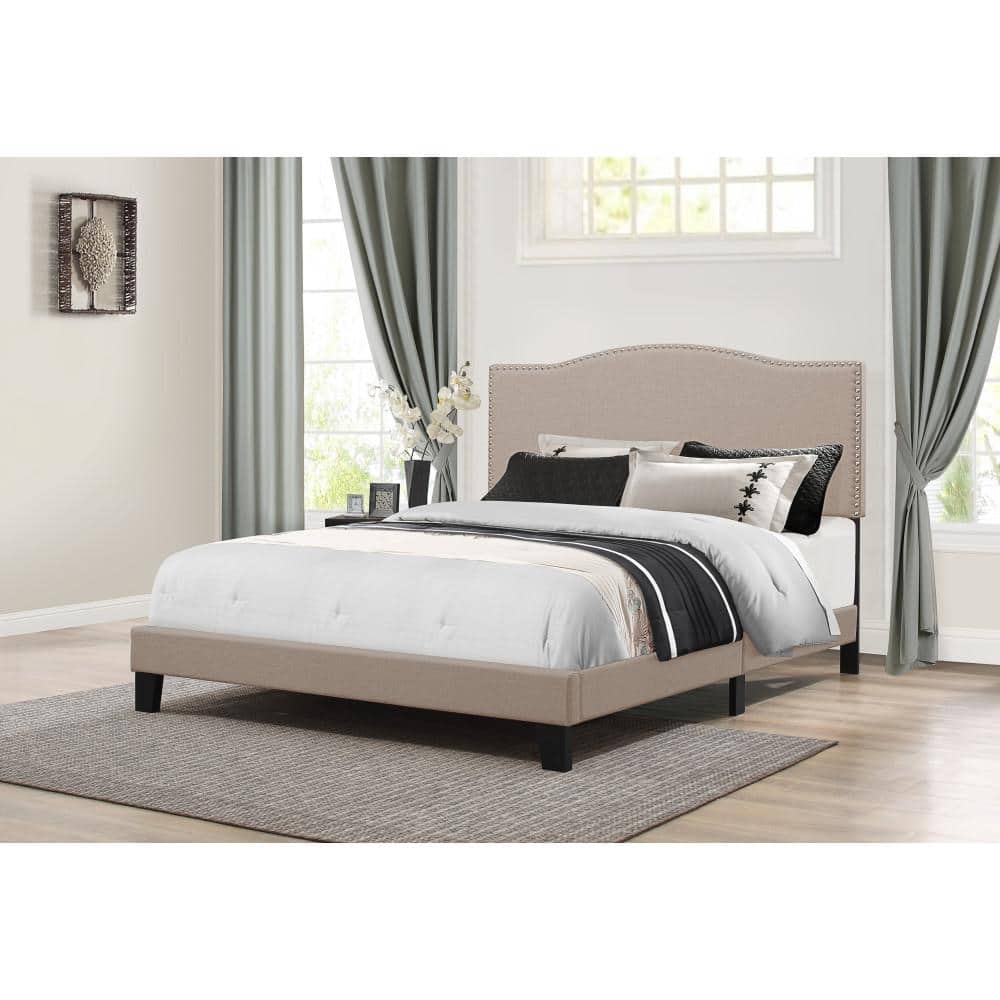 Sophisticated Fog Full Bed with Arched Upholstered Headboard and Nailhead Trim