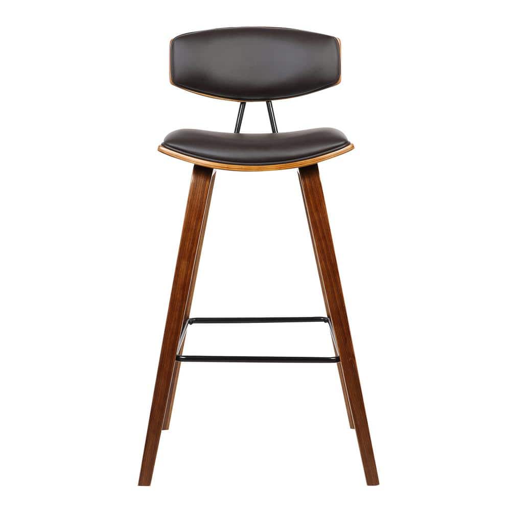 Fox 30'' Brown Faux Leather and Walnut Wood Mid-Century Bar Stool
