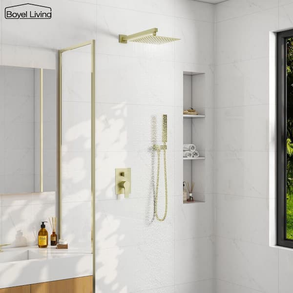 1-Spray Patterns with 2.5 GPM 12 in. Wall Mount Dual Shower Heads with Pressure Balance Valve in Brushed Gold