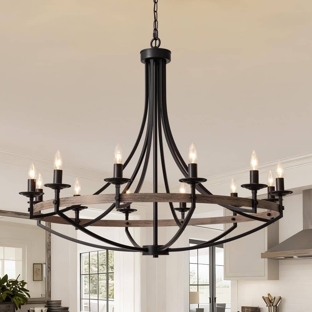 12-Light Black Candle Style Dimmable Wagon Wheel Chandelier for Dining Room and Living Room price history on PriceWatchPro