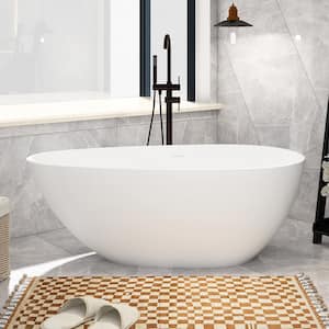 59 in. x 30 in. Stone Resin Freestanding Flatbottom Soaking Bathtub with Center Drain in Matte White