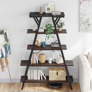 65.7 in. Tall Brown Particle Board Modern 5-Shelf Bookcase with LED Light