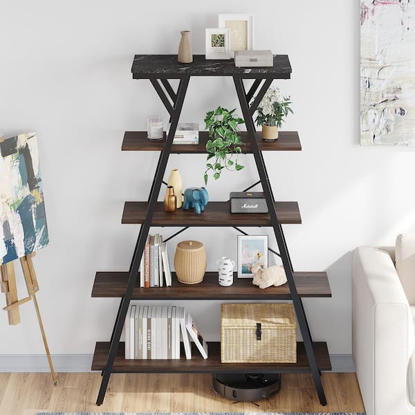 Bestier 65.7 in. Tall Brown Particle Board Modern 5-Shelf Bookcase with LED Light