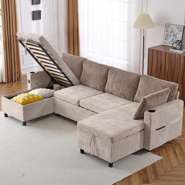 111.8 in. 2-piece Corduroy U-Shaped Sectional Sofa in. Brown with Storage, USB Ports and Cup Holders