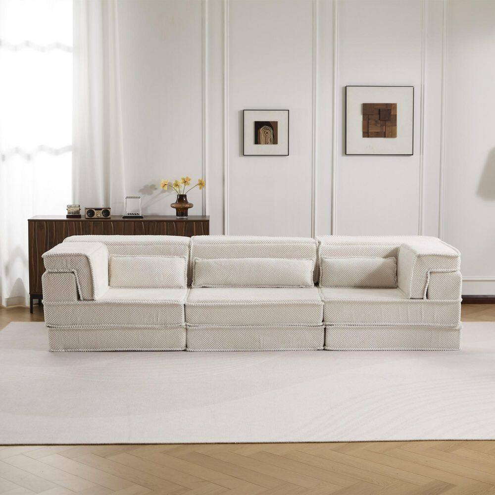 118.11 in W Square Arm Fabric Rectangle Modular Sectional Sofa in White Convertible Floor Sofa Bed with Pillows price history on PriceWatchPro