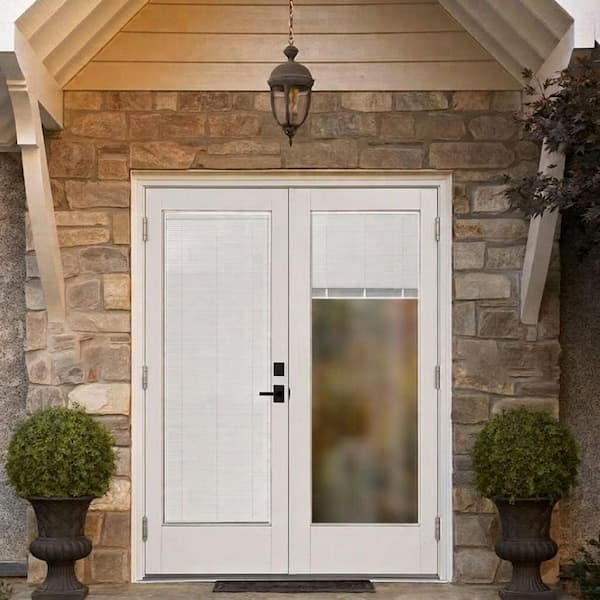 60 in. x 80 in. Fiberglass Smooth White Left-Hand Outswing Hinged Patio Door with Low E Built in Blinds