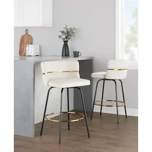 Cinch Claire 25.75 in. Cream Velvet and Black/Gold Metal Fixed-Height Counter Stool with Round Footrest (Set of 2)