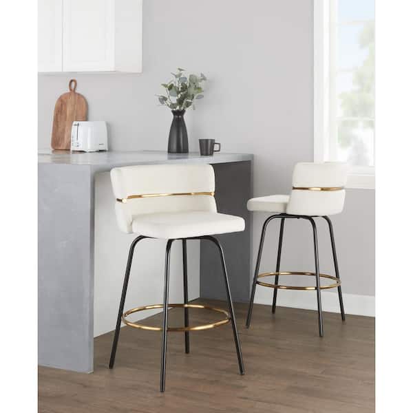 Lumisource Cinch Claire 25.75 in. Cream Velvet and Black/Gold Metal Fixed-Height Counter Stool with Round Footrest (Set of 2)