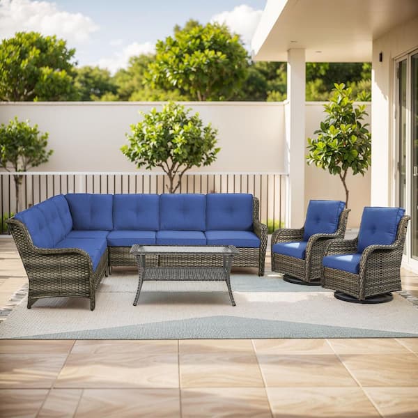 5-Piece Gray Wicker Patio Conversation Set with Olefin Blue Cushions L-Shaped Sofa with Coffee Table/Swivel Patio Chairs