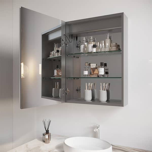 FUNKOL 20 in. W x 26 in. H Rectangular Silver Aluminum Recessed/Surface Mount Medicine Cabinet with Mirror LED