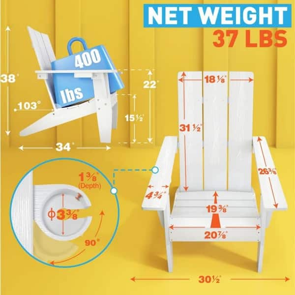 White Weather Resistant Plastic Outdoor Patio Adirondack Chair with Cup Holder