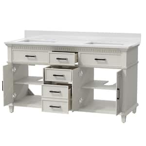 Solid-Wood 60 in. W x 22 in. H x 38 in. D Double Sinks Bath Vanity Cabinet in White with White Stone Top