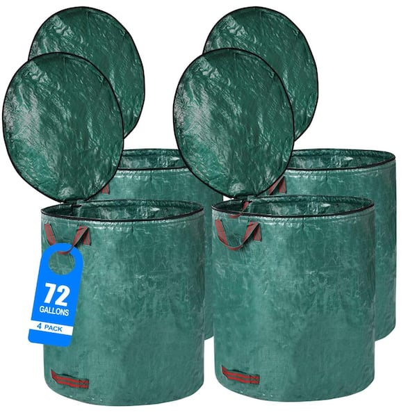 4 Pack 72 Gallon Reusable Yard Waste Bags with Lid, Heavy Duty Lawn Leaf Bags with 4 Handles, Green