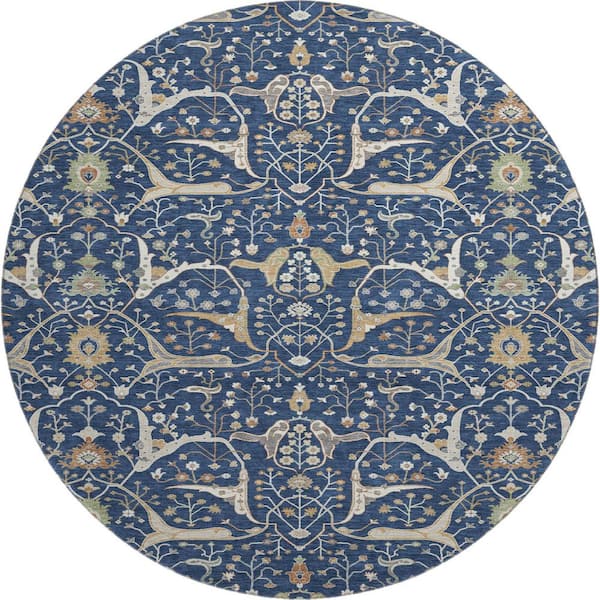 Mayfield Premium Machine Washable Abstract AMF2250 Navy 8 ft. x 8 ft. Round Rug