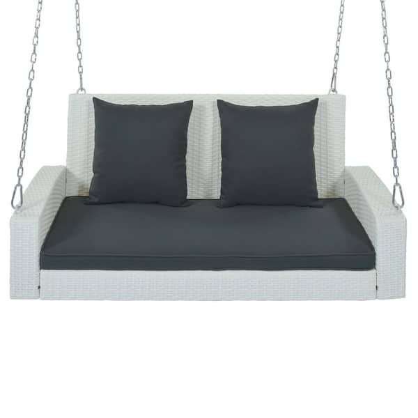 Zeus & Ruta 2-Person Beige Wicker Hanging Porch Swing with Chains and Gray Cushion for Garden; Backyard; Pond