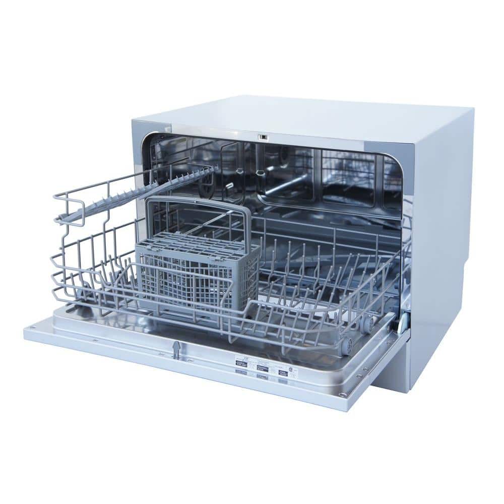 Silver Compact Countertop Dishwasher with Front Control Panel
