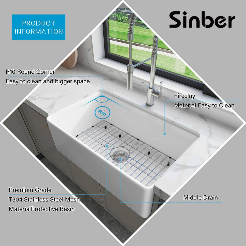 Sinber 30" White Fireclay Farmhouse Apron Kitchen Sink with Drainboard
