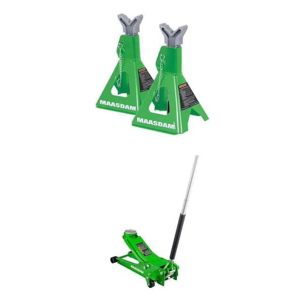 3-Ton Car Jack Stands and Low Profile Floor Jack Combo in Green