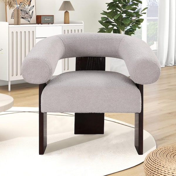 Unbranded Light Gray Accent Curved Wishbone Frame Teddy Velvet Cushion Arm Chair for Living Room with Rubberwood Legs